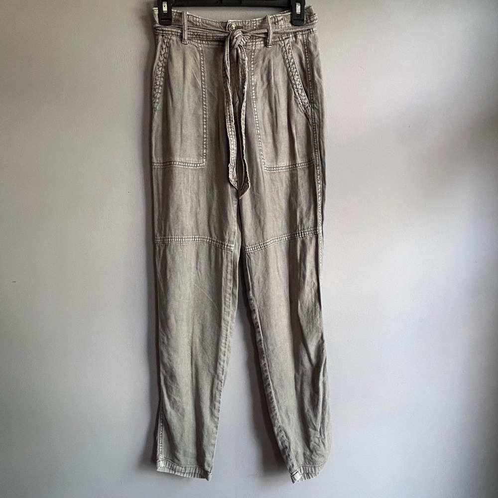 American Eagle Women Army Green Linen Blend Tie Waist Utility Pants Size‎ 0